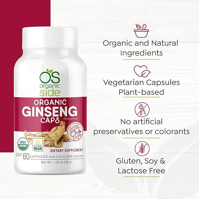 | Ginseng 60 Capsules | Adaptogen for Stress Relief, Energy Boost, Immune Support | Certified USDA Organic, Non-GMO, Vegan Supplement for Natural Wellness