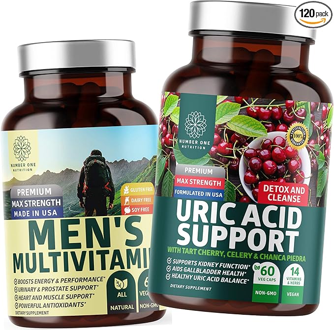 Number One Nutrition N1N Premium Uric Acid Support and Men's Multivitamins, All Natural Supplements to Support Energy Levels, Prostate Health and Urinary Tract Functions, 2 Pack Bundle