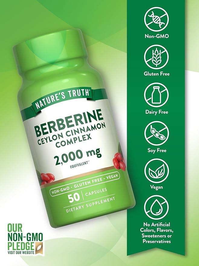 Nature's Truth Berberine with Ceylon Cinnamon Complex | 2,000mg | 50 Vegan Capsules | Vegan, Non-GMO, and Gluten Free Supplement