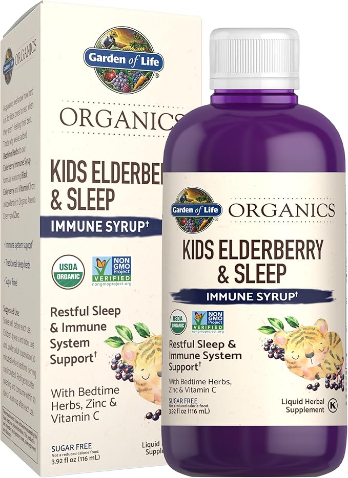 Garden of Life Organics Elderberry Immune Support for Kids with Zinc, Vitamin C - Kids Elderberry & Sleep Immune Syrup Liquid, Bedtime Herbs for Children, No Alcohol, No Added Sugar, 3.92 fl oz