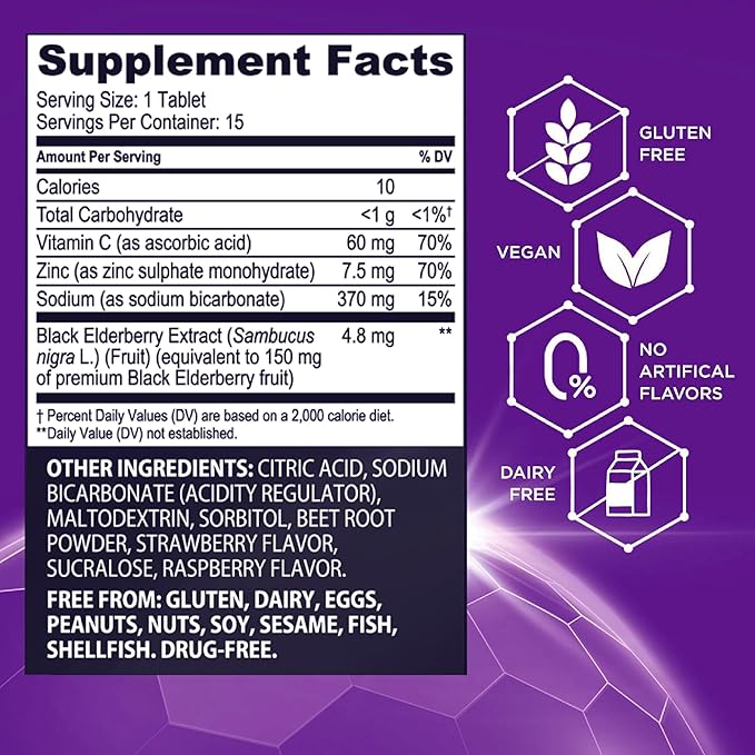 Sambucol Black Elderberry Tablets with Vitamin C & Zinc - Immune Support Supplement, Black Elderberry with Zinc and Vitamin C, High Antioxidants, Drink Fizzies - 15 Tablets