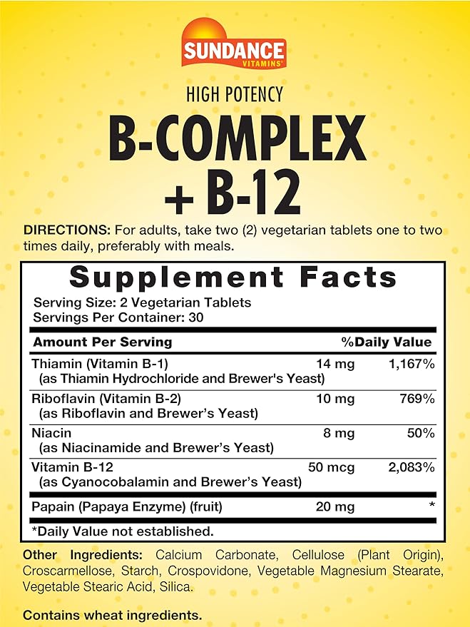Sundance Vitamin B-Complex | with B-12 | 60 Tablets | High Potency | Vegetarian, Non-GMO, and Gluten Free Supplement