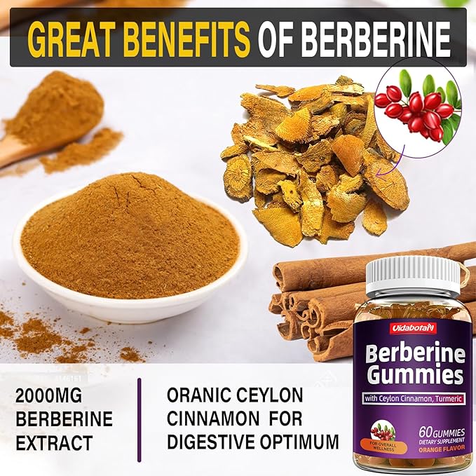 Berberine Gummies with Ceylon Cinnamon， 2000mg Berberine HCI Supplement for Men & Women, Orange Flavored Vegan Sugar Free Gummies (60 Count)(Pack of 1)