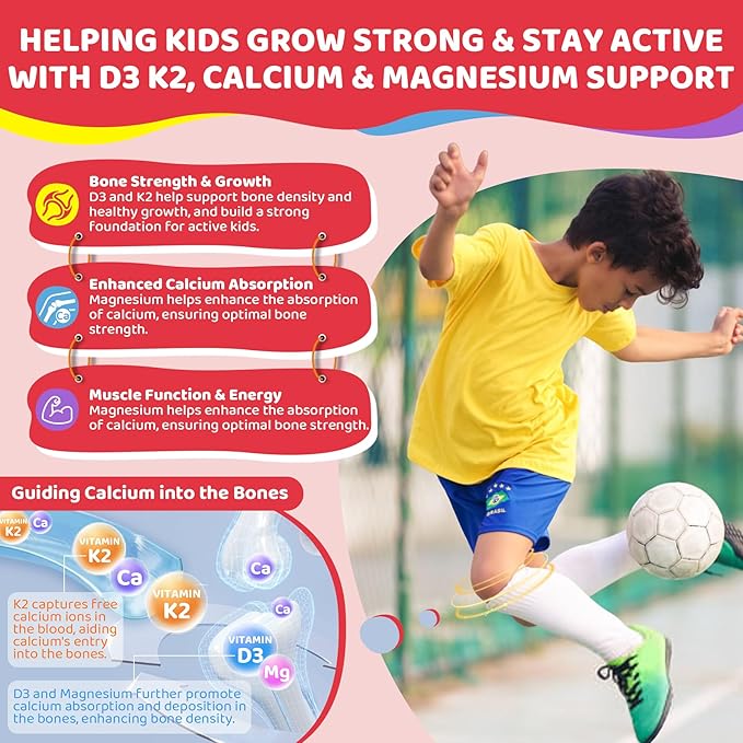 Vitamin D3 K2 Filled Gummies for Kids & Adults, 1000IU/2000IU D3 + K2(MK-7) with Calcium, Magnesium & Algal Omega 3(EPA/DHA) for Bones, Teeth, Muscles, Brain, Low-dose Vitamins, Sugar-Free, 60 Chews