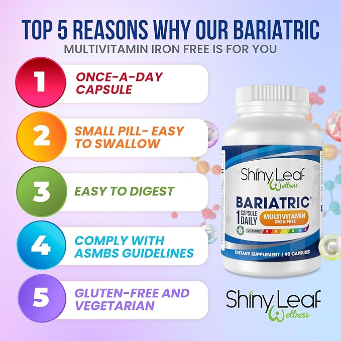Shiny Leaf Bariatric Multivitamin Without Iron - Vitamins for Gastric Bypass & Sleeve, 1 Daily Capsule W Vitamin A, C, D, Biotin, Zinc, B12, K, Vegetarian, Soy-Free, GMP Cert., Made in USA (30 Ct.)