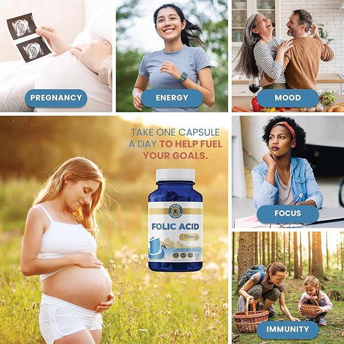Folic Acid Supplement – High-Potency Vitamin B9 1,870mg DFE Folate, 1,100mg Folic Acid | Vegan, Non-GMO | Supports Cellular Health, Energy Production & Prenatal Wellness | 120 Capsules