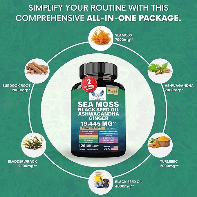 Sea Moss + Shilajit Bundle (2 Pack) – 120 Capsules Eac Sea Moss 7000mg Black Seed Oil 4000mg Ashwagandha 2000mg Ginger & Shilajit 9000mg Rhodiola Rosea 1000mg Panax Ginseng 1500mg