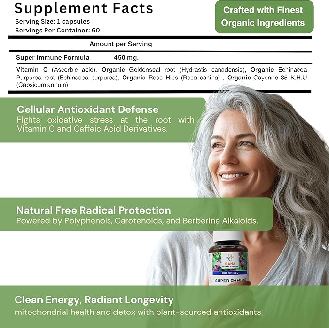Super Immune – Antioxidant Polyherbal Blend with Vitamin C, Organic Echinacea, Goldenseal & Cayenne | Immune Support Supplement for Women & Men | 60 Capsules | by Sana Herbal & Dr. Marco Sikaffy