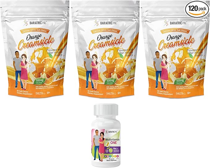 BariatricPal 90-Day Bariatric Vitamin Bundle (Multivitamin ONE 1 per Day! Capsule with 60mg Iron and Calcium Citrate Soft Chews 500mg with Probiotics - Orange Creamsicle)