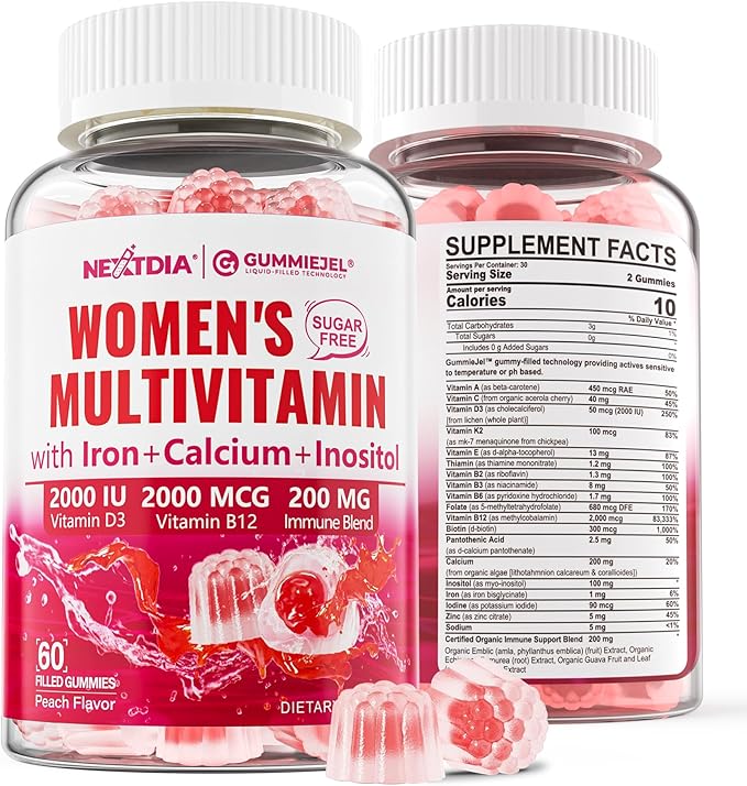 Sugar Free Methylated Multivitamin for Women Gummies, Calcium, D3 K2, Inositol, Folate, Vitamin A, C, E, B Complex, Biotin, Iron - Vitamins & Minerals - Energy, Immune, Bone, Skin, Hair, Vegan, 60 Cts