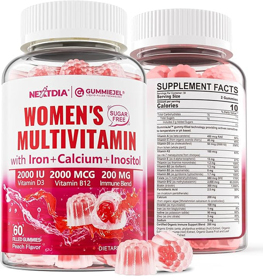 Sugar Free Methylated Multivitamin for Women Gummies, Calcium, D3 K2, Inositol, Folate, Vitamin A, C, E, B Complex, Biotin, Iron - Vitamins & Minerals - Energy, Immune, Bone, Skin, Hair, Vegan, 60 Cts