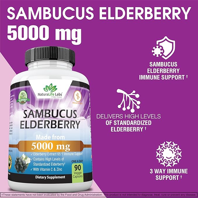 NaturaLife Labs Sambucus Elderberry 5,000 mg Super Concentrated 65:1 with Vitamin C & Zinc - 90 Day Supply - Sambucus Extract Immune Support, Immune Defense| Non-GMO | 90 Veggie Capsules