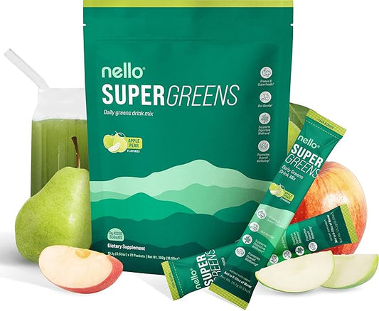 Supergreens Premium Superfood Greens Drink Mix w/Chlorella, Moringa, Spinach & Broccoli + Digestive Enzymes & Probiotic Blend -Nutrient-Packed Powder Wellness (Apple Pear, 20 SRV, Travel Pack)