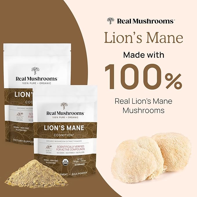 Real Mushrooms Lions Mane Powder - Organic Mushroom Extract for Cognitive Function Immune Support Brain Supplements Memory and Focus Vegan Supplement, 150 Servings