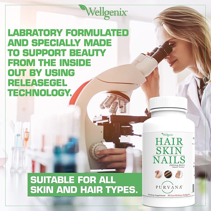 Wellgenix Purvana Hair, Skin, and Nails - One a Day Softgel - 2500mcg Biotin, DMAE, MSM, Horsetail, Grape Seed Extract - Anti Aging, PCOS & Postpartum Hair Growth, Strong Nails (90 Count)
