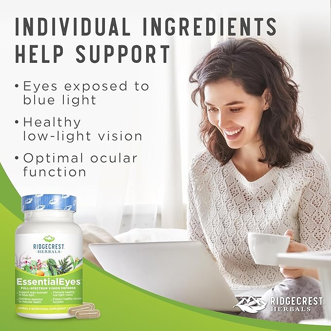 Ridgecrest Herbals EssentialEyes, Natural Eye Vitamin Supplements, Contains Lutein, Zeaxanthin, Bilberry Extract, Supports Eye and Vision Health (120 Vegan Caps, 30 Serv)
