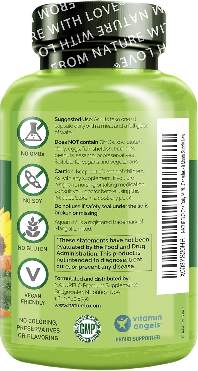NATURELO Mens Multivitamins - One Daily Multivitamin for Men with Vitamins, Minerals & Organic Whole Foods, Boost Energy & Health, Non-GMO, 240 Vegetarian Capsules