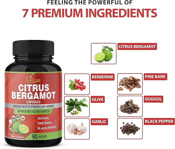 Organic Cadane Citrus Bergamot Supplement Extract Capsules, 90 Capsules & Berberine, Olive, Guggul, Garlic, Pine Bark, Black Pepper | Supports Overall Health, Immune System | 3 Months Supply