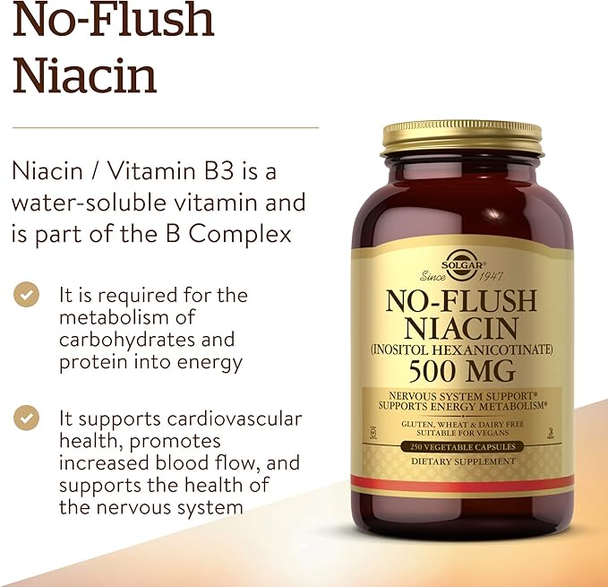 Solgar No-Flush Niacin 500 mg, 250 Vegetable Capsules - Cardiovascular Support - Supports Energy Metabolism - No-Flush Delivery - Vegan, Gluten Free, Dairy Free, Kosher - 250 Servings