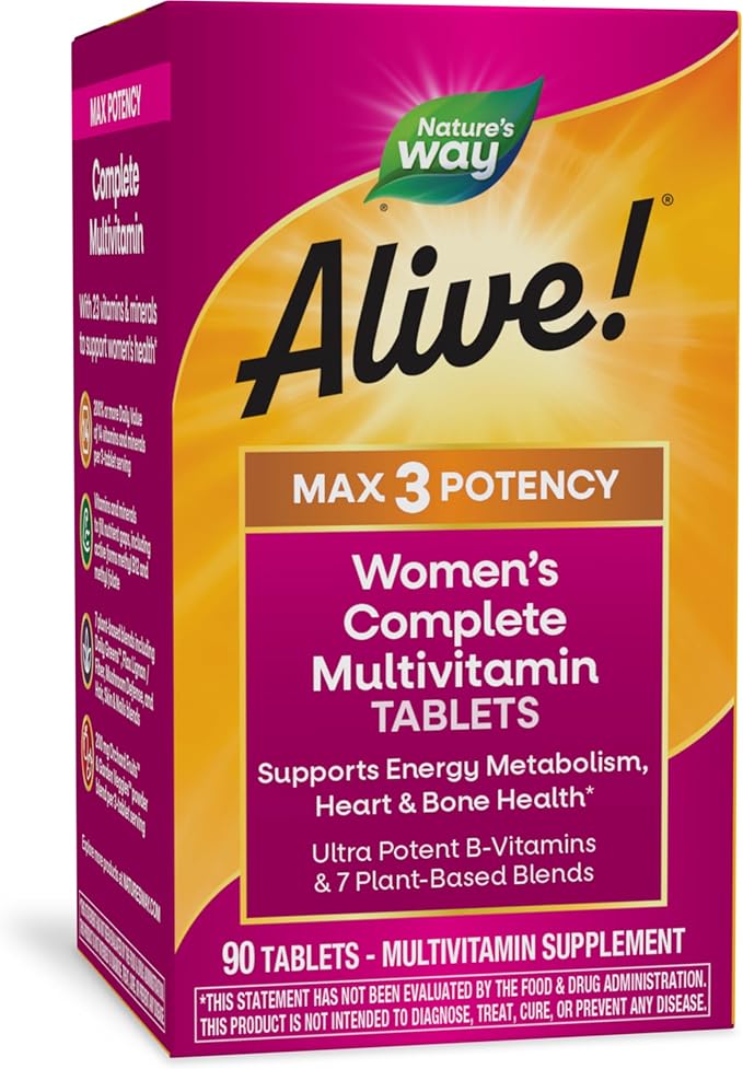Nature's Way Alive! Max3 Potency Women's Complete Multivitamin, Supports Energy Metabolism, Heart & Bone Health*, with B-Vitamins Including Methylated B12 and Folate, 90 Tablets
