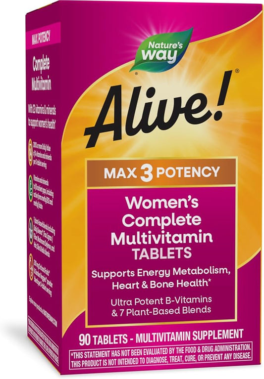 Nature's Way Alive! Max3 Potency Women's Complete Multivitamin, Supports Energy Metabolism, Heart & Bone Health*, with B-Vitamins Including Methylated B12 and Folate, 90 Tablets