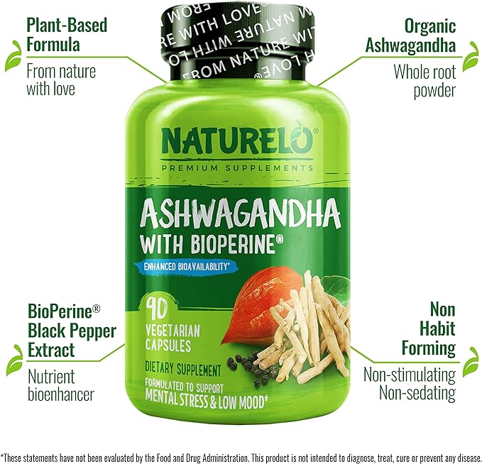 NATURELO Ashwagandha Organic Root Powder - Natural Herbs Supplement for Fatigue, Stress Relief, Mood Enhancer - with Black Pepper Extract - 90 Vegan Capsules