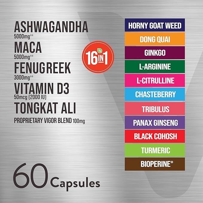 Ashwagandha 5000mg, Black Maca Root 5000mg, Fenugreek 3000mg, Vitamin D3 2,000 IU with Tongkat Ali & Proprietary Vigor Blend 100mg - Calm, Relax, Mood Support for Women & Men - 60 Capsules
