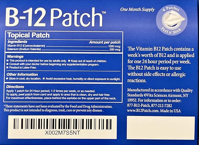 Vita Sciences Vitamin B12 Patch - Extra Strength Formula for Men and Women, 1 Month Supply. Boost Energy, Focus, Memory & Metabolism