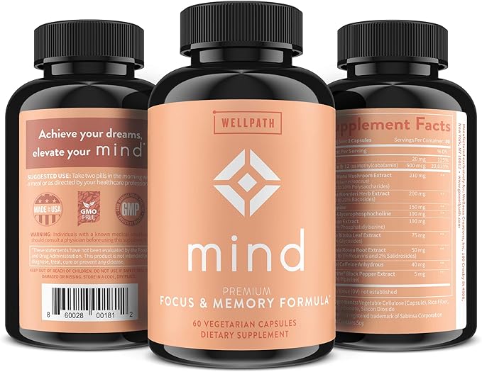 WellPath Mind Brain Supplement for Memory and Focus with Lion's Mane | Ginkgo Biloba and L-Theanine for Long Term Cognitive Support | Vegan, Non-GMO, 60 Ct