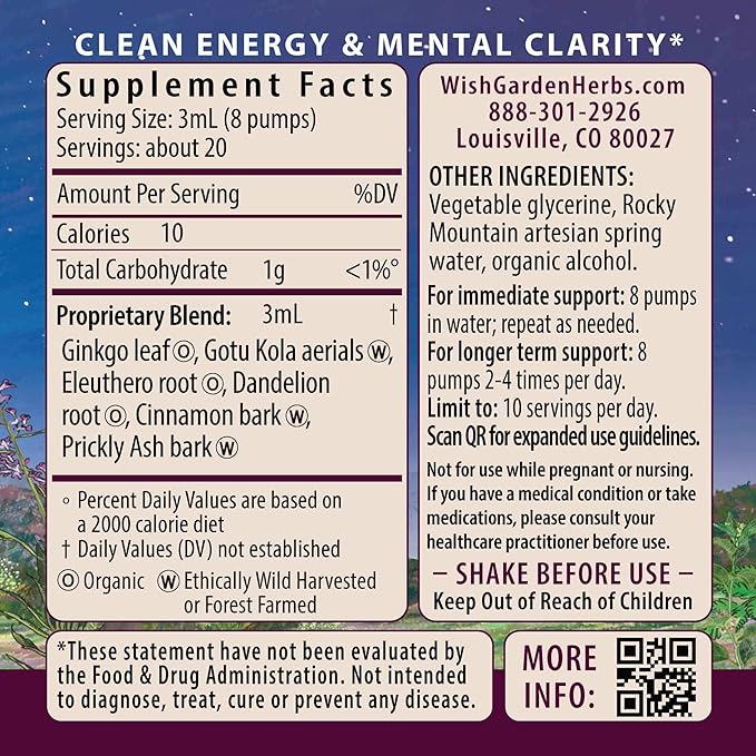 WishGarden Herbs Genius Juice - Liquid Herbal Nootropic Brain Booster Supplement for Focus, Clarity, Concentration & Energy with Ginkgo Biloba & Gotu Kola, Cognitive Support, No Caffeine, 4oz