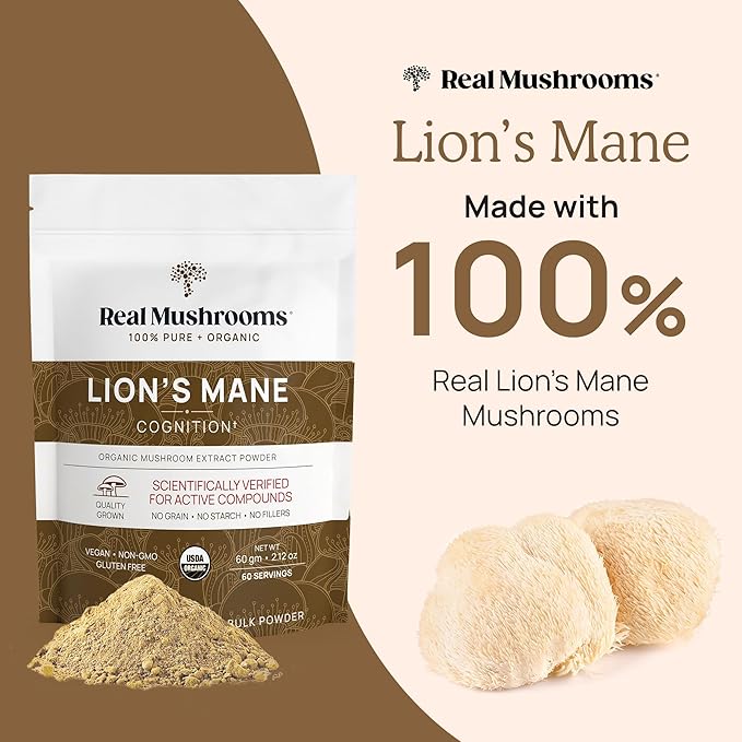 Real Mushrooms Lions Mane Powder - Organic Mushroom Extract for Cognitive Function Immune Support Brain Supplements Memory and Focus Vegan Supplement, 60 Servings
