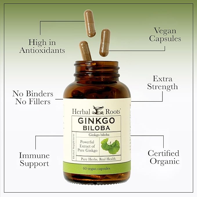 Herbal Roots Organic Ginkgo Biloba Made with Pure Organic Ginkgo Leaf and Extract - 60 Vegan Capsules