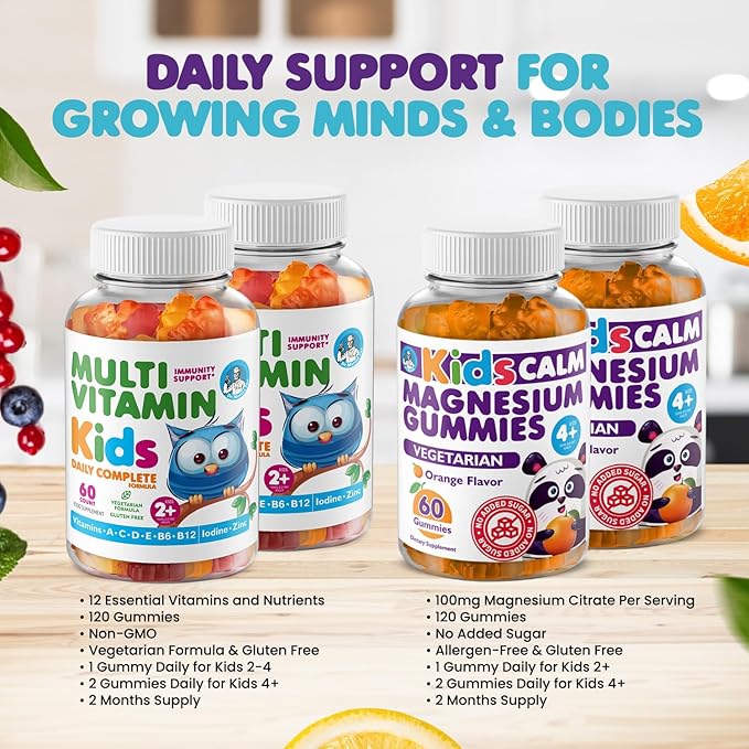 DR. MORITZ Kids Magnesium Gummies Orange Flavor (120 Count) and Kids Multivitamin Gummies (120 Count) - Relaxation & Health Support - Non-GMO, Vegetarian Toddler Vitamins
