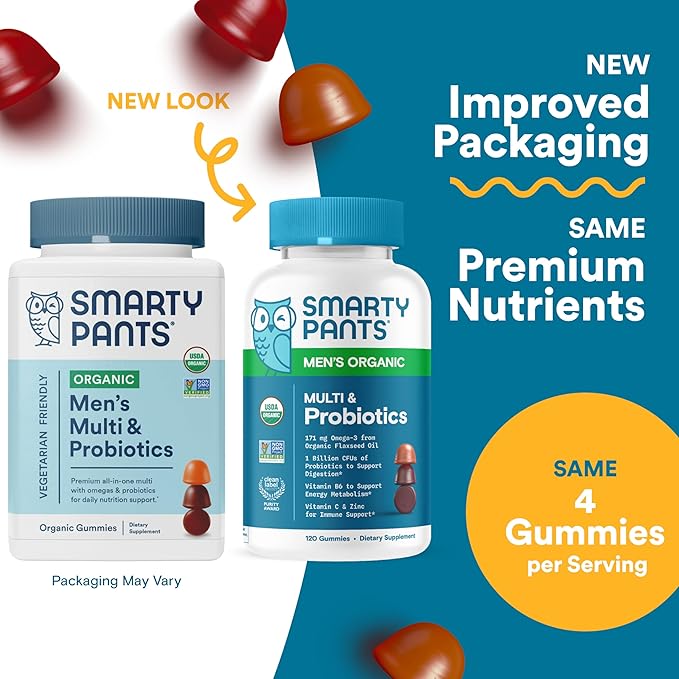 SmartyPants Multivitamin for Men, Organic Gummies: Probiotics, CoQ10, Methylfolate, Omega 3 (ALA), Vitamin D3, C, Vitamin B12, B6, A, K & Zinc for Immune Support, Biotin, 120 Gummies (30 Day Supply)