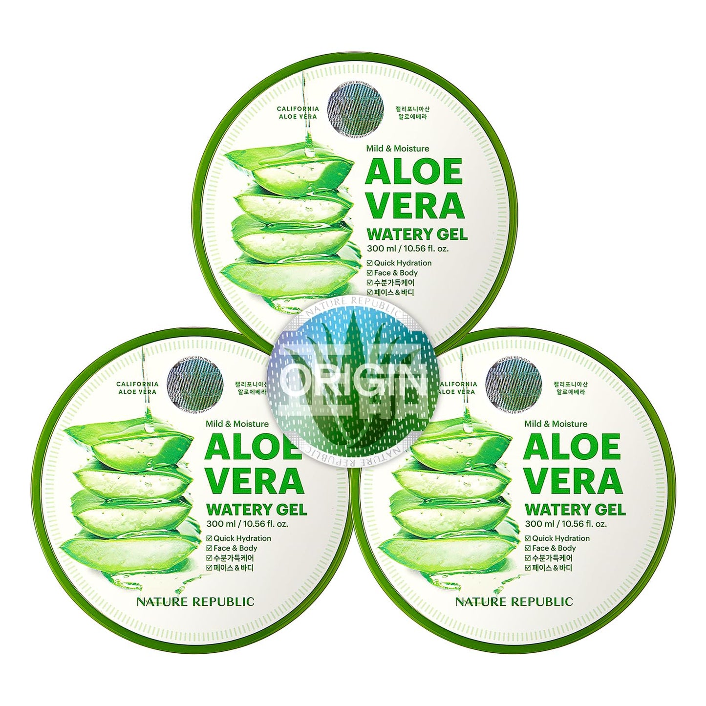Nature Republic 3 PCS MILD & MOISTURE ALOE VERA WATERY GEL 10.56 fl. oz. Soothing Quick Hydration