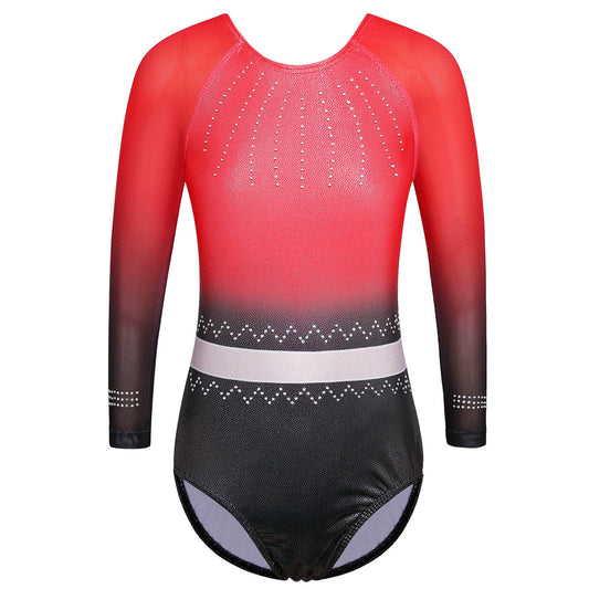 BAOHULU Gymnastics Leotard for Girls Mesh Sleeves Shiny Practice Dance Outfit B326_BlackRed_5A