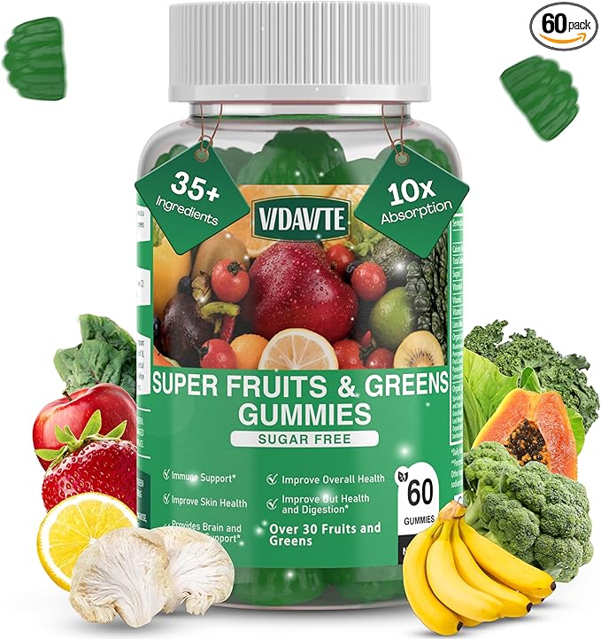 Sugar-Free Fruit and Veggie Gummies — 35+ Greens, Fruit and Vegetable Vitamins to Boost Immunity, Skin & Gut Health — Ideal Fruit and Vegetable Supplement for Adults & Kids (60 Gummies)
