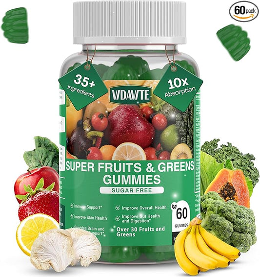 Sugar-Free Fruit and Veggie Gummies — 35+ Greens, Fruit and Vegetable Vitamins to Boost Immunity, Skin & Gut Health — Ideal Fruit and Vegetable Supplement for Adults & Kids (60 Gummies)
