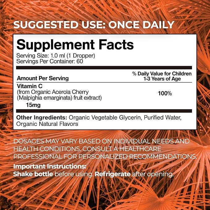 USDA Organic Toddler Vitamin C Drops | Organic Vitamin C Liquid Drops for Toddlers & Babies Ages 1-3 Years | Supports Healthy Immune System | Vegan | Non-GMO | Gluten Free | 60 Servings