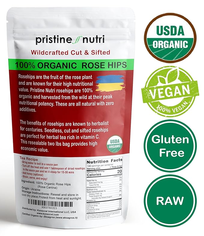 2 lb (32 oz) Rose Hips Dried Organic Bulk, Organic Rosehips Cut & Sifted, 95% Seedless, European All Natural, Rosehips Dried Organic Bulk, Makes 140 Cups of Vitamin C Rich Tea (packaging may vary)
