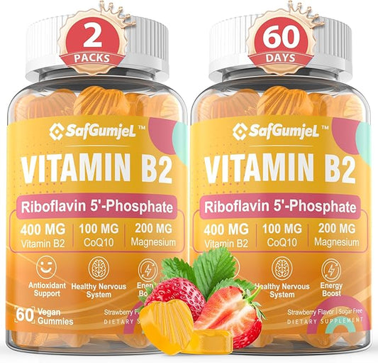 Vitamin B2 Gummies, Riboflavin 400mg for Adults & Kids with Magnesium & CoQ10 for Energy & Nervous System Support, Sugar Free B2 Vitamin VIT B, Non GMO, Vegan, 120 Counts