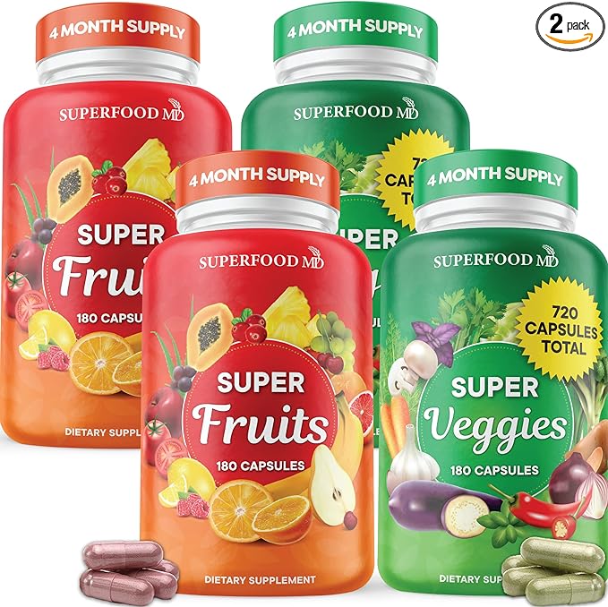 Superfood Fruit and Veggie Supplement - Fruit and Veggie Capsules 100% Whole Super Fruit and Super Vegetable Supplements & Vitamins, with Olive Leaf (720 Count (Pack of 4))