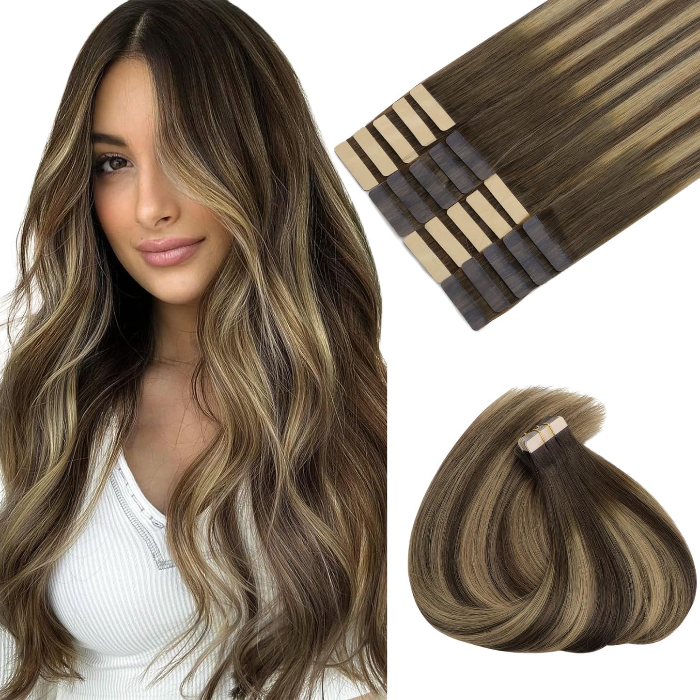 MAXITA Tape in Hair Extensions Human Hair 22inch 50g 20pcs Chocolate Brown to Caramel Blonde Real Human Hair Extensions Seamless Hair Extensions Remy Silky Straight Hair Extensions