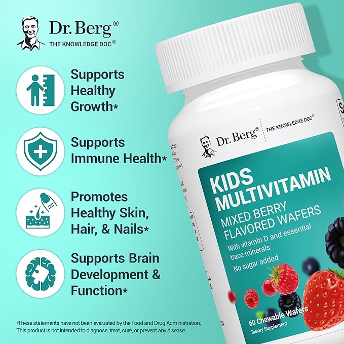Dr. Berg Kids Chewable Multivitamins (NOT Sweetened w/Sugar) - Daily Multivitamin for Kids That Includes 20 Nutrients & Trace Mineral Complex - Mixed Berry Chewable Vitamins for Kid - Red Wafers