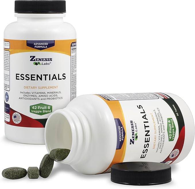Zenesis Labs Essentials - a Natural & Nutrient Rich Multi-Vitamin - with Minerals, Enzymes, Amino Acids, Antioxidants and Probiotics - 90ct