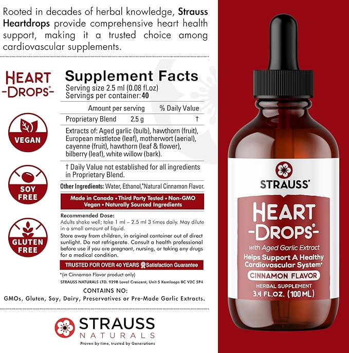 Strauss Naturals Heart Drops – Natural Mistletoe & Aged Garlic Extract Heart Health Supplement – Helps Maintain Healthy Cardiovascular System – Vegan & Non-GMO – Cinnamon Flavored – 225 ml Bottle