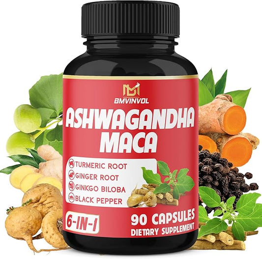 Ashwagandha Maca Root with Turmeric, Ginger, Ginkgo Biloba, Black Pepper - 90 Count - 3 Month Supply