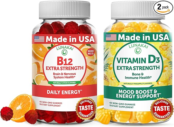 Lunakai Vitamin B12 and Vitamin D3 Gummies Bundle - 3000 mcg B12 and 25 mcg 1000 UI VIT D3 - Gluten Free, No Corn Syrup, Organic, Non-GMO, Plant Based Gelatin Free