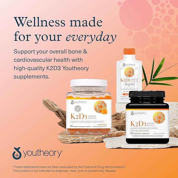 Youtheory K2D3 - Bone & Heart Health Support* - Combines Vitamin D3 & Vitamin K2 - Dairy, Soy & Gluten Free - 60 Vegetarian Capsules