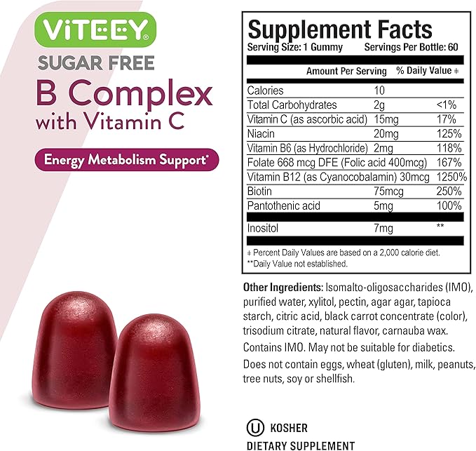 Vitamin B Complex Gummies with Vitamin C, Sugar Free - Energy, Metabolism & Nerve Health - B6, B12, Folic Acid, Biotin - Vegan, Gelatin Free, GMO Free - Tasty Chewable Strawberry Flavored Gummy